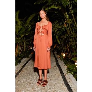 Farm Rio Caramel Tie Front Cutout Midi Dress Taracotta Brown